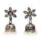 Handmade Oxidized Silver Jhumkis With Big Petal Flower Stud Design And Pearl Hangings
