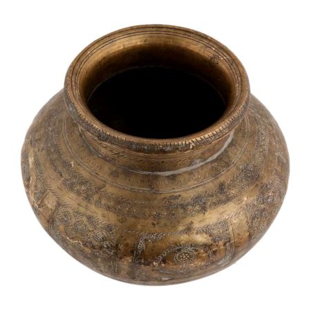 Handmade Antique Gold Brass Pot Or Lota With Floral Carvings