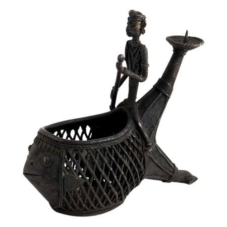Tribal Fish Candle Stand With Man Jali Work