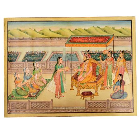 Mughal Canvas Painting Of Jahangir In His Court Surrounded By Court Ladies