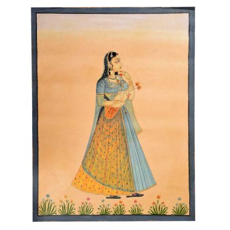 Canvas Mughal Painting Depicting a Lady Holding Orange Flowers