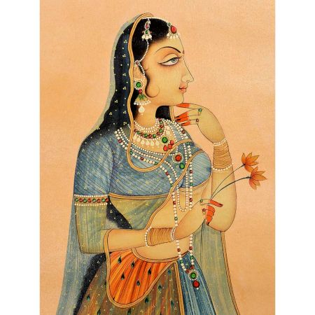 Canvas Mughal Painting Depicting a Lady Holding Orange Flowers