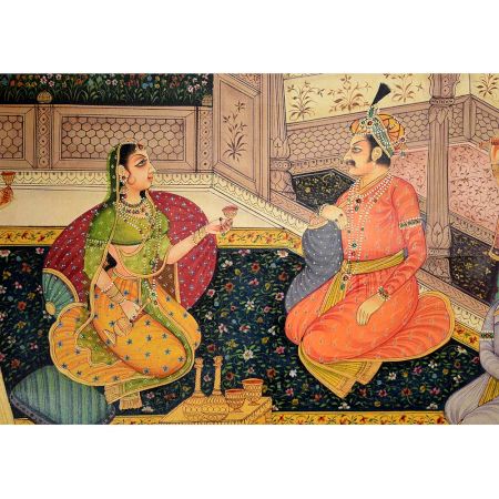 Mughal Canvas Painting Of Munhall Emperor With  His Consorts