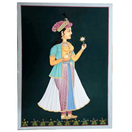 Fine Canvas Painting Of Indian Mughal Queen Holding A flower In Hand
