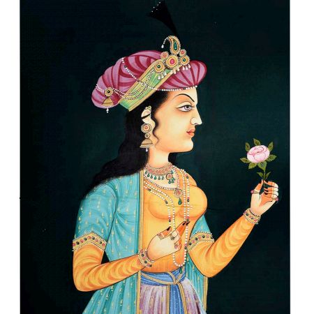Fine Canvas Painting Of Indian Mughal Queen Holding A flower In Hand