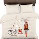 Hand Painted Girl With Umbrella Love Paris Bicycle Micro Fabric Double Bed sheet With 2 Pillows