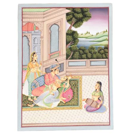 Handmade Canvas Mughal Painting Emperor Dynasty Love Scene