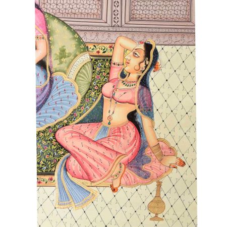 Handmade Canvas Mughal Painting Of Emperor And Queen Romantic Harem Scene