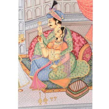 Handmade Canvas Mughal Painting Of the Emperor With His Queen Enjoying Love