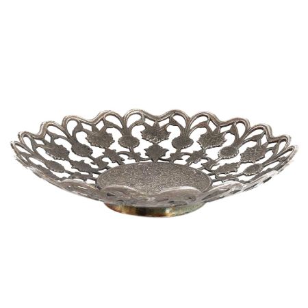 Hand Crafted Blackened Silver Brass Serving Bowl Cutwork Pattern