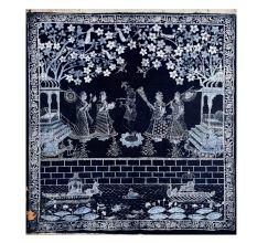 Black And White Painting On Fabric Of Lord Krishna With Gopies