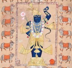Hand Painted Srinathji And His Love For Cows On Cloth