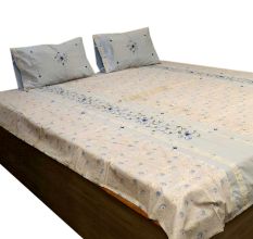 Printed With Embroidery Work Sky Blue Bedsheet