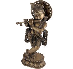 Handmade Brown Brass Standing Murli Krishna Statue With Intricate Design