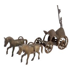 Handmade Brown Brass Chariot Or Cart With Two Horses