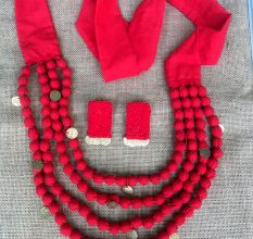 Red Fabric Beaded Neckpiece With Earrings Set