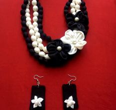 Black And White Fabric Beaded Neckpiece With Earrings Set