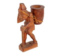 Handmade Brown Wooden Statue Of Old Man With Bag  At Back
