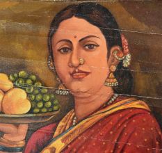 Handmade Multicolored Indian Painting Of a lady Holding A Plate Of Fruits