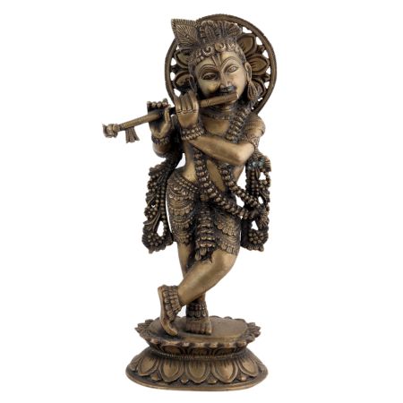 Handmade Brown Brass Standing Murli Krishna Statue With Intricate Design