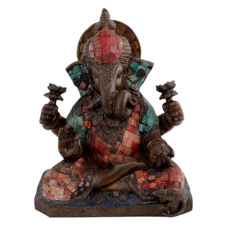 Handcrafted Multicolored Brass Sitting Lord Ganesha Statue