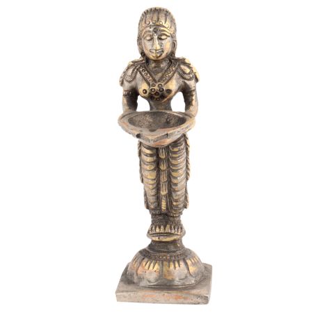 Handmade Multicolored Brass Dancing Lady With Diya Statue