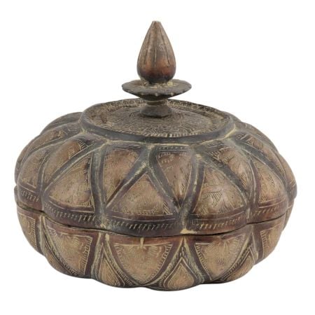 Handmade Brown Brass Pumpkin Storage Box With Geometric Design And Knob Finial