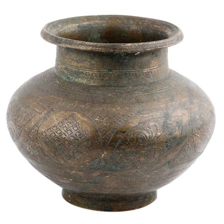 Handmade Dark Tan Brass Water Pot With Engraved Floral Design