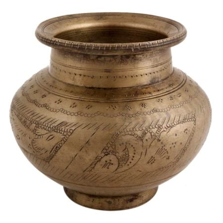 Handmade Patinated Brass Water Pot With Carved Images