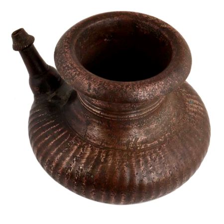 Handmade Dark Brown Brass Pot With Fluted Design And Spout