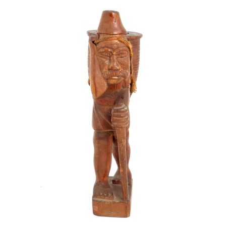 Handmade Brown Wooden Statue Of Old Man With Bag  At Back