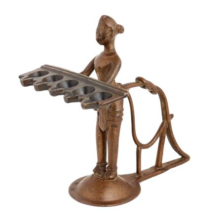 Handmade Brown Brass Lady Holding Five Faced Oil Lamp