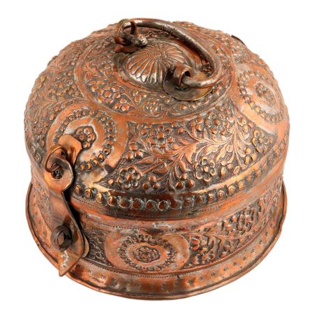 Handmade Round Brown Copper Storage Box With Embossed Design