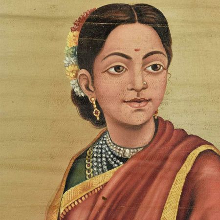 Handmade Multicolored Lady going for puja in Shiva Temple Indian Painting