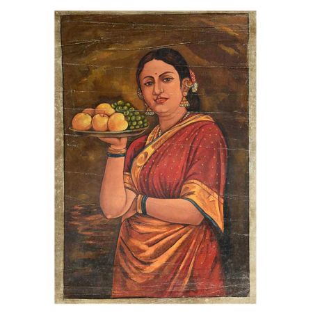 Handmade Multicolored Indian Painting Of a lady Holding A Plate Of Fruits