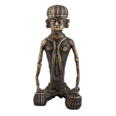 Tribal Man Drummer Statue In Brass