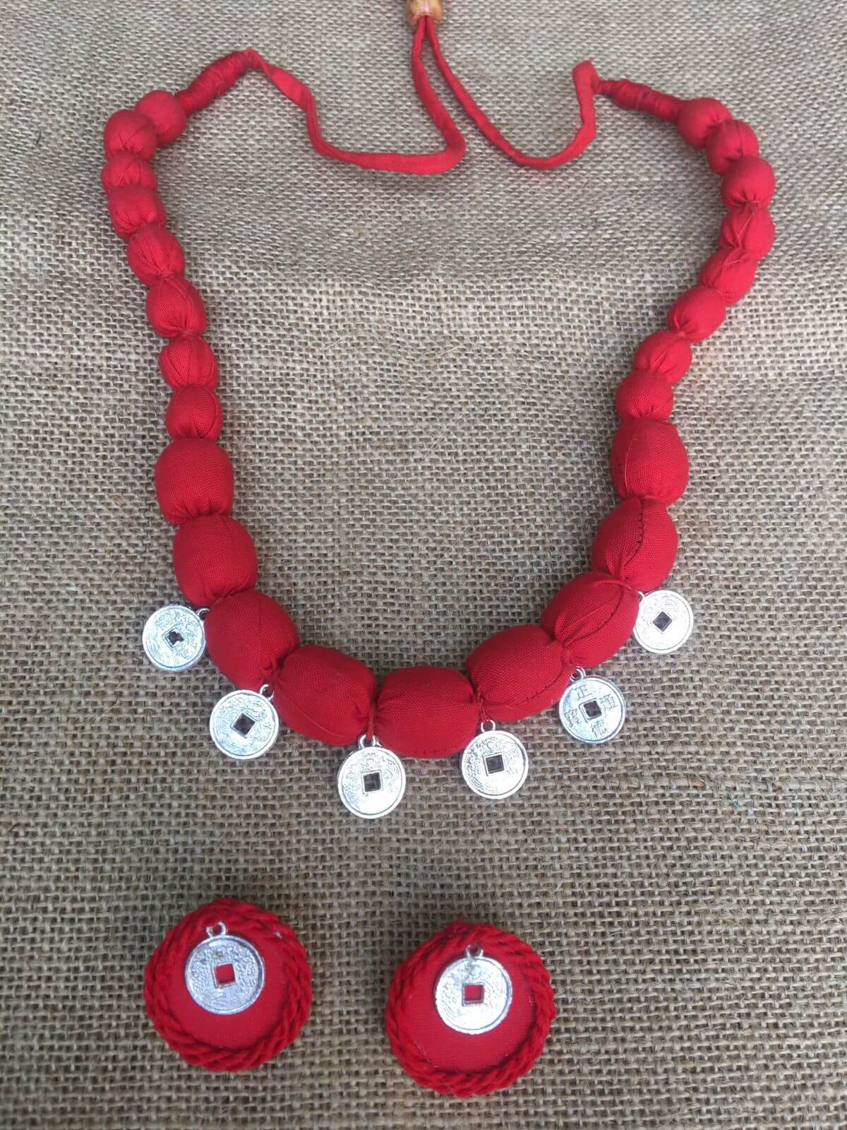 Red Fabric Beaded Neckpiece With Earrings Set ( Single Layer)