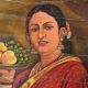 Handmade Multicolored Indian Painting Of a lady Holding A Plate Of Fruits