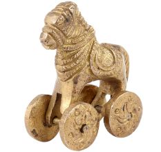 Handmade Golden Brass Hindu Temple Toy Horse Statue On Wheels