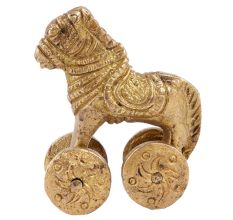 Handmade Golden Brass Hindu Temple Toy Horse Statue On Wheels