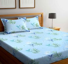 Multicolored Leaves In Turquoise Cotton180 TC Printed Double Bedsheet with Two Pillow Cover