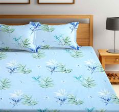 Multicolored Leaves In Turquoise Cotton180 TC Printed Double Bedsheet with Two Pillow Cover