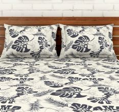 Grey Leaves Spaces 104 TC Cotton Double Bed Sheet with 2 Pillow Covers