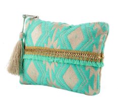 Green Embroidered ZipTop Jaquard Lurex Zip Top Clutch Bag