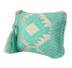 Green Embroidered ZipTop Lurex Zip Top Clutch Bag