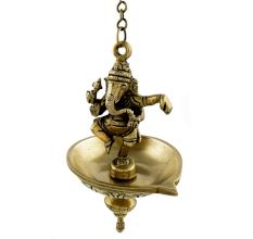 Handmade Golden Brass Dancing Ganesha Hanging Oil Wick Diya