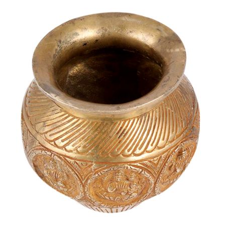 Handcrafted Golden Brass Holy Water Pot Carved With Goddess Laxmi Images