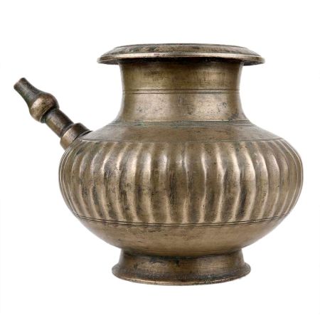 Handmade Brown Brass Pot With Spout Indian Holy Water Vessel