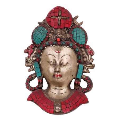 Handmade Multicolored Brass Lord Shiva Wall Hanging Mask With Stonework