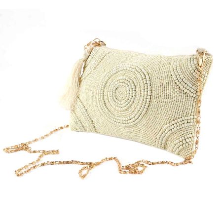 White Glass And Cotton Ziptop Clutch Bag